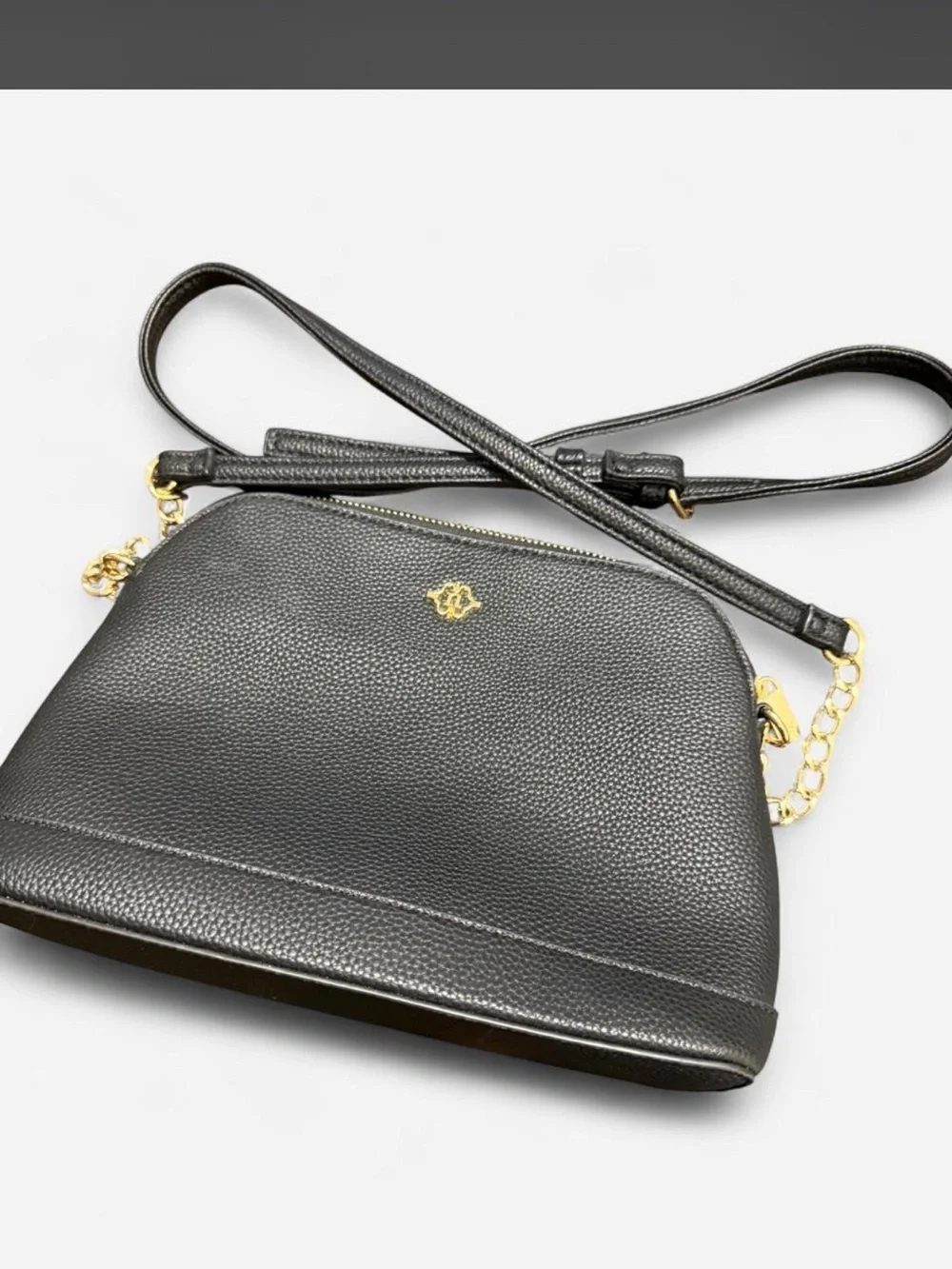 Black Pebbled Leather Crossbody Bag with Gold Accent